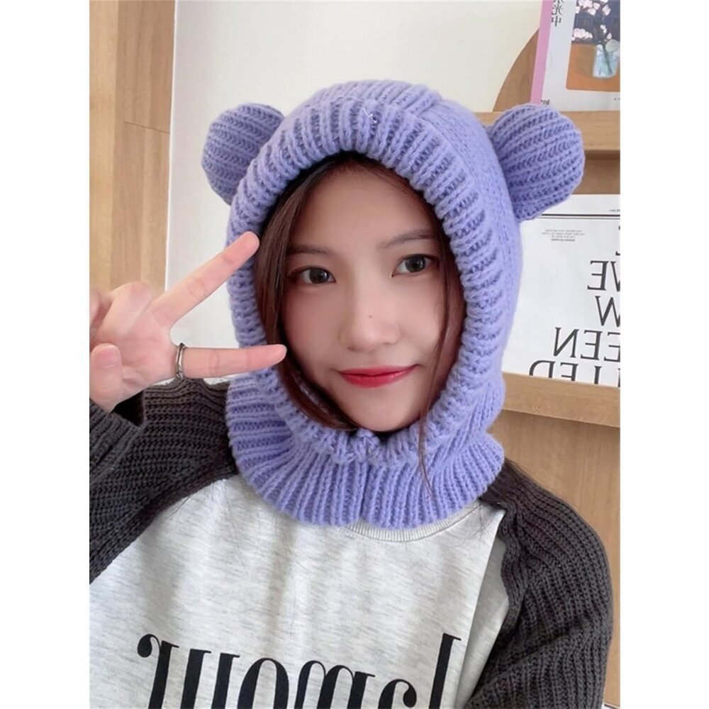 Women's Purple Cute Bear Balaclava Warm Hooded Scarf Beanie Hat Skull Pullover - Picture 7 of 7